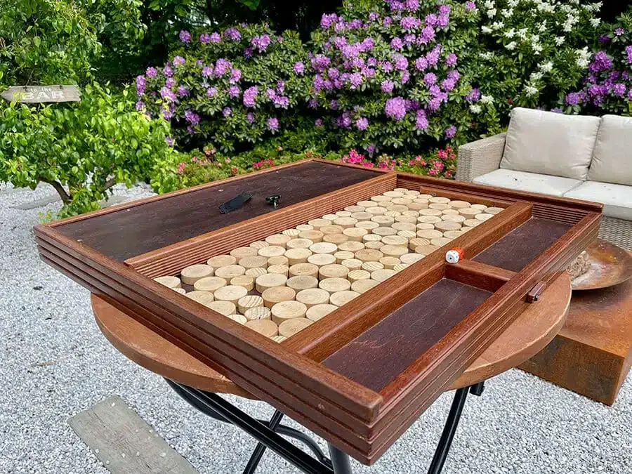 Rattenval met de houten schijven en de dobbelsteen op het bord